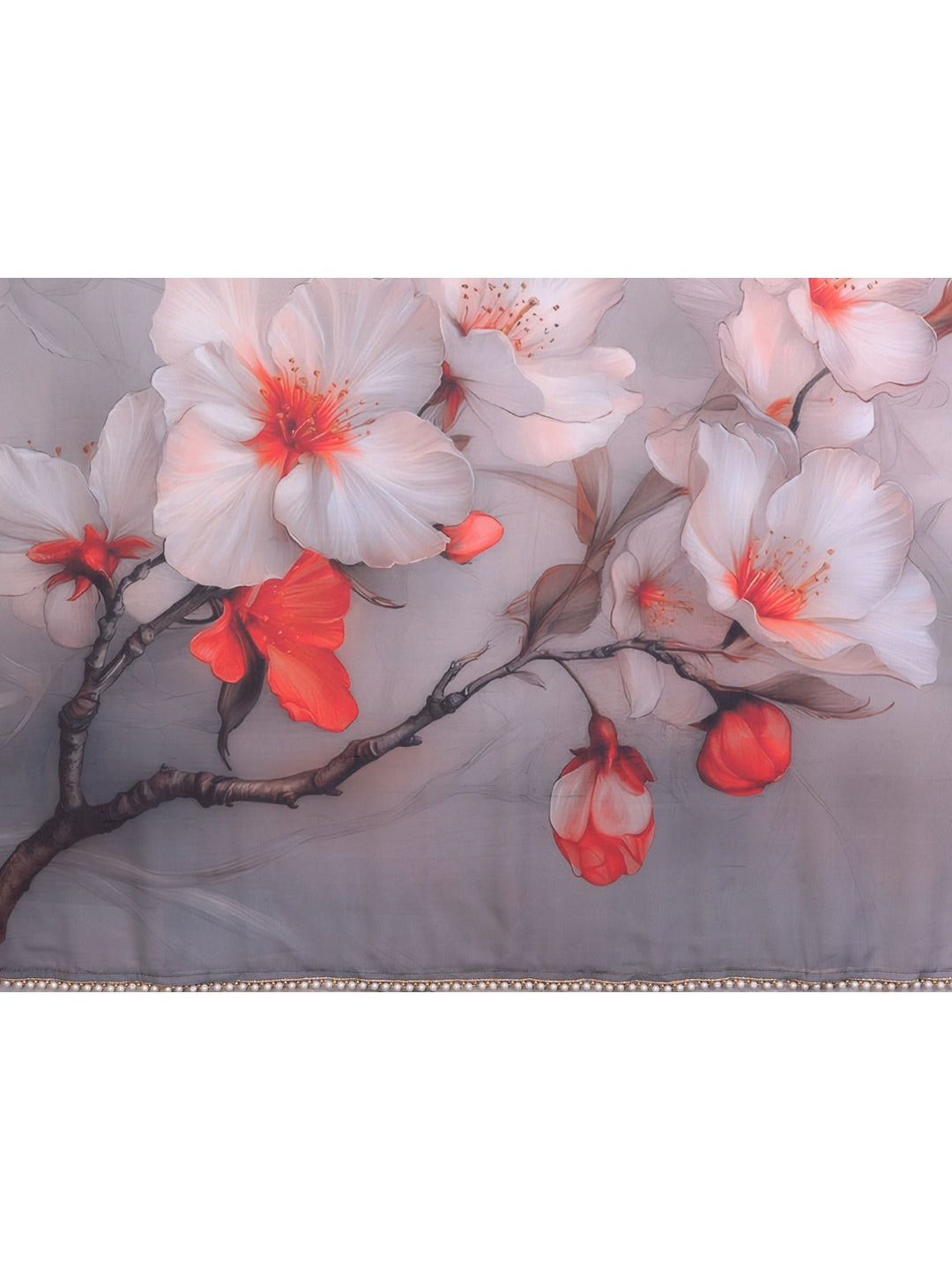 Peachmode Grey Floral Digital Print Georgette Saree - Image 3
