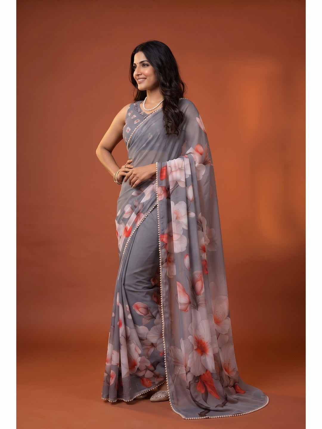 Peachmode Grey Floral Digital Print Georgette Saree - Image 4
