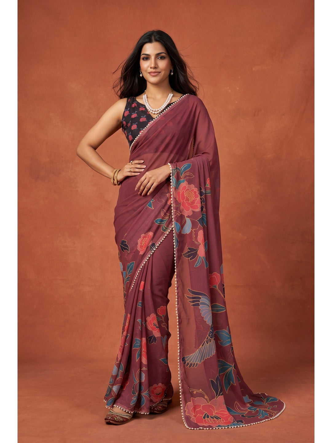 Peachmode Maroon Floral Digital Print Georgette Saree - Image 1