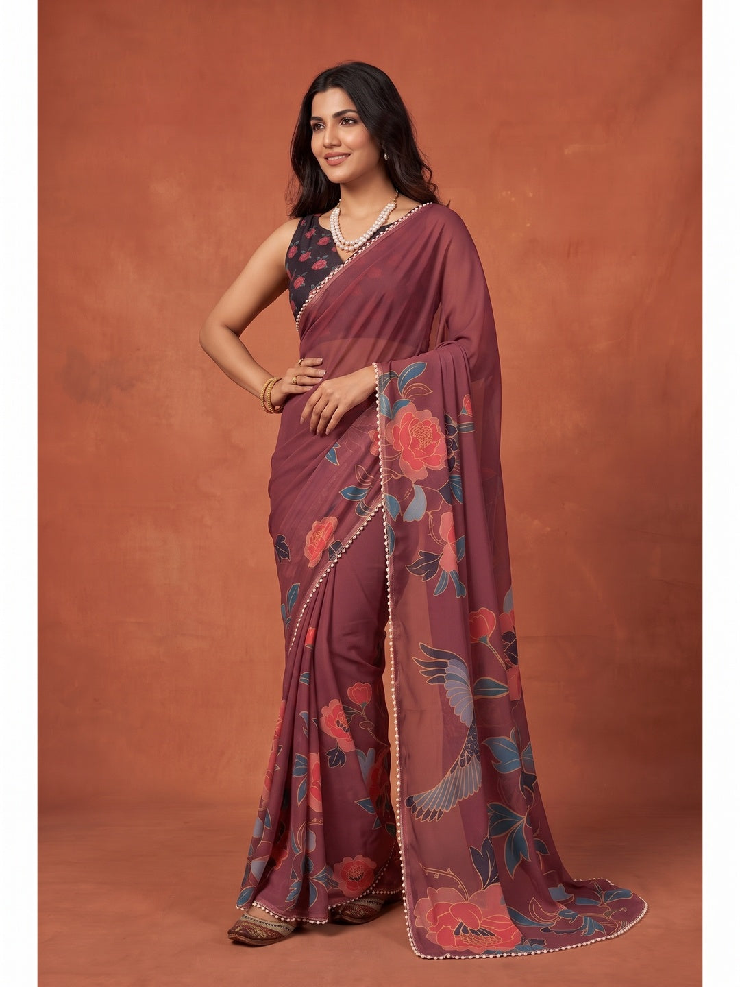 Peachmode Maroon Floral Digital Print Georgette Saree - Image 4