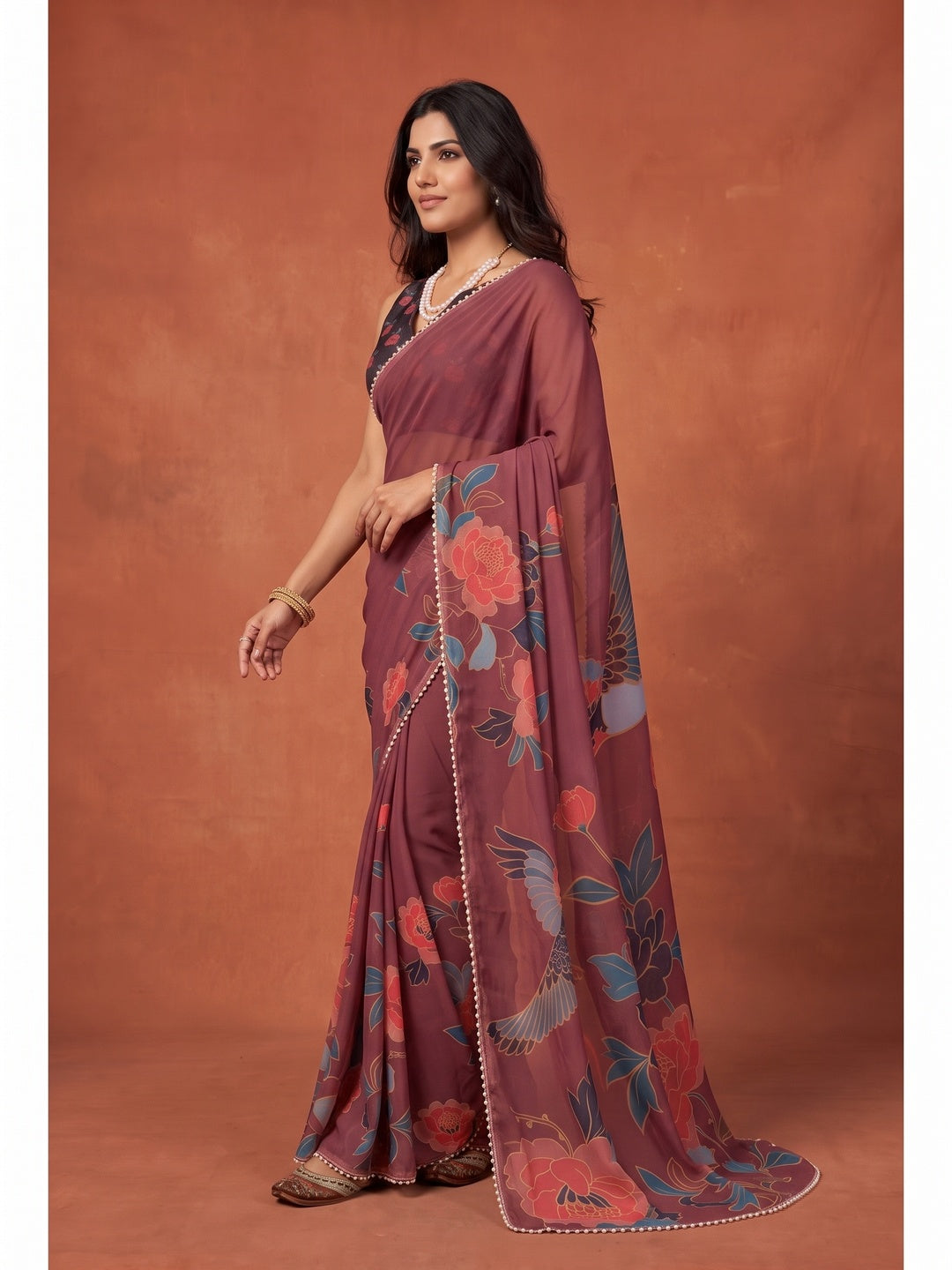 Peachmode Maroon Floral Digital Print Georgette Saree - Image 5