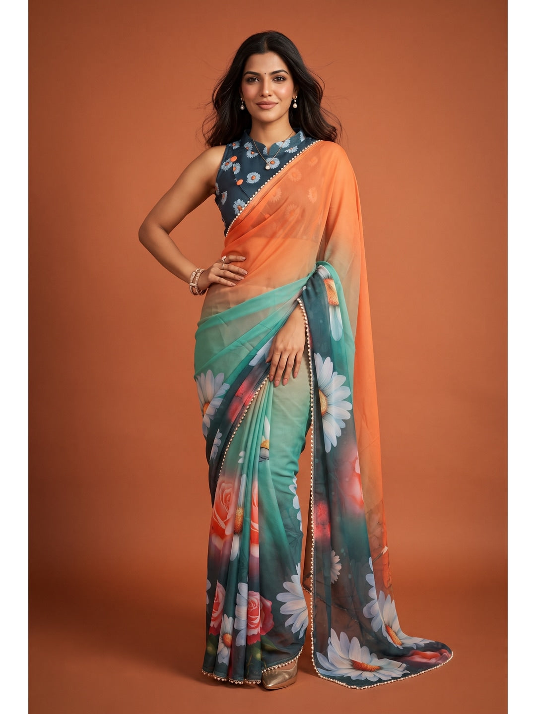 Peachmode Teal Blue Floral Digital Print Georgette Saree - Image 1