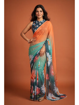 Peachmode Teal Blue Floral Digital Print Georgette Saree - Image 1