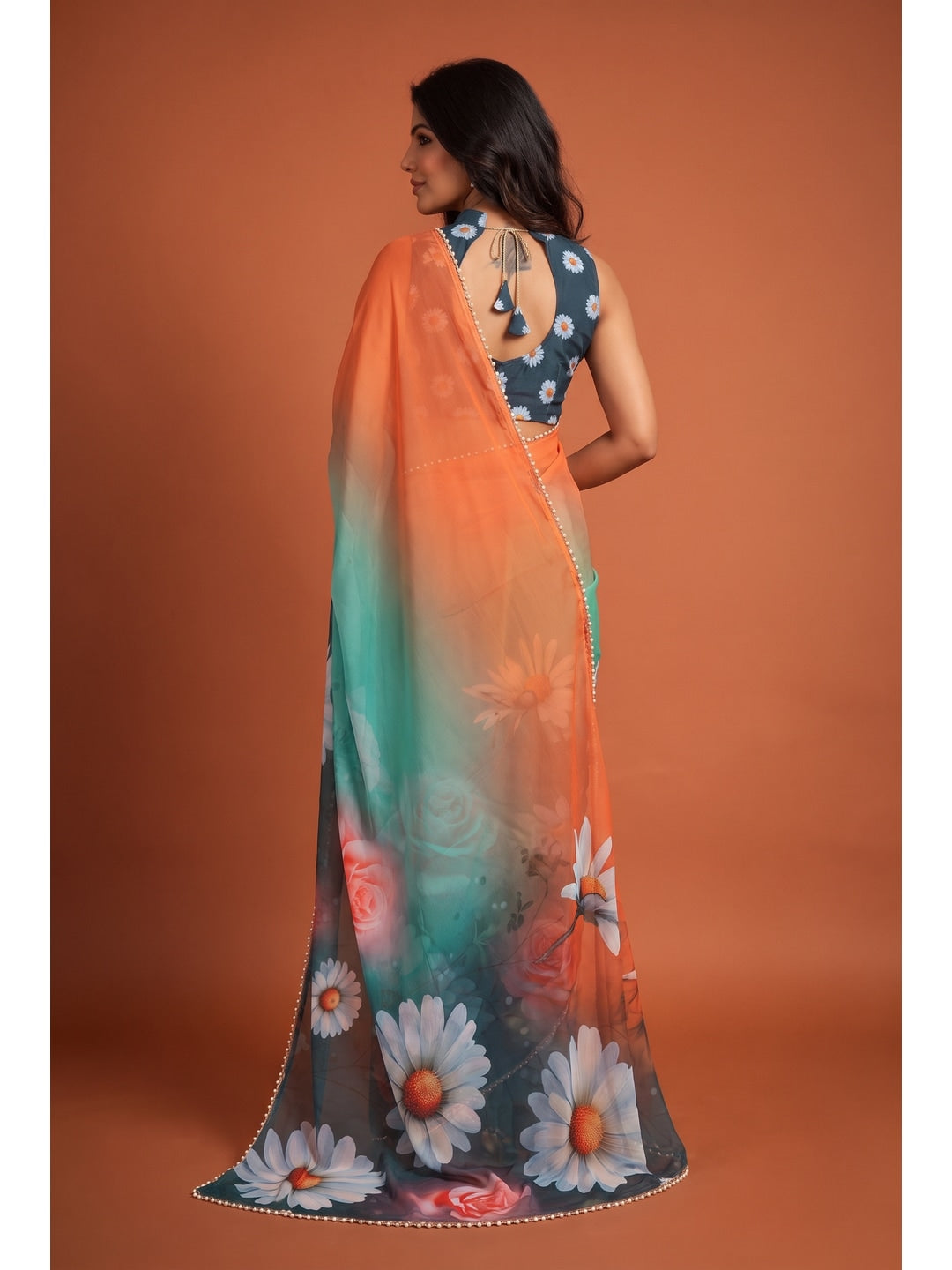 Peachmode Teal Blue Floral Digital Print Georgette Saree - Image 2