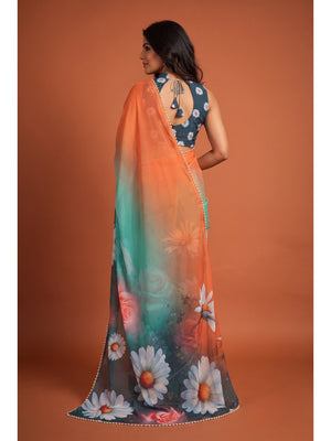 Peachmode Teal Blue Floral Digital Print Georgette Saree - Image 2