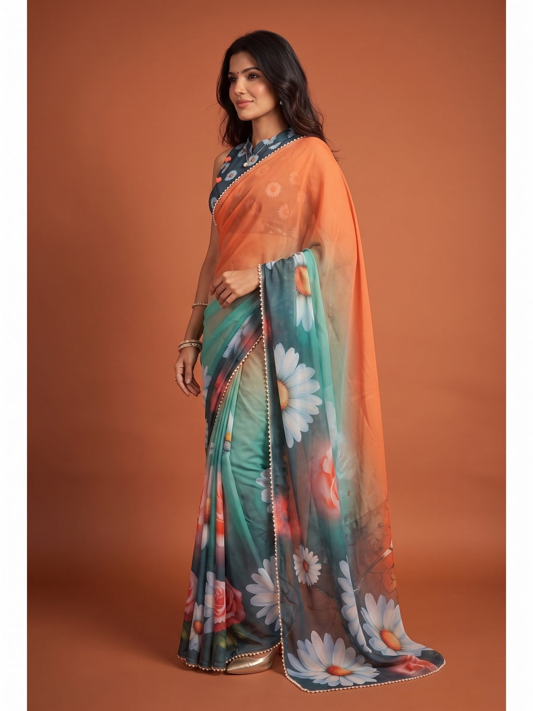 Peachmode Teal Blue Floral Digital Print Georgette Saree - Image 4