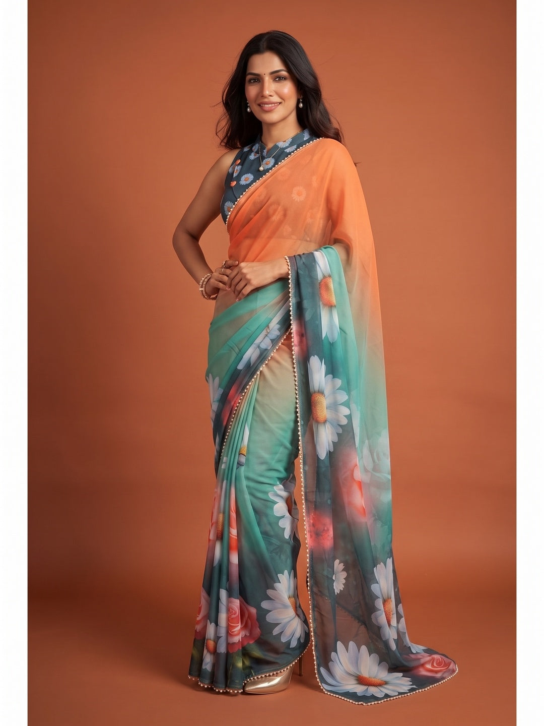 Peachmode Teal Blue Floral Digital Print Georgette Saree - Image 5