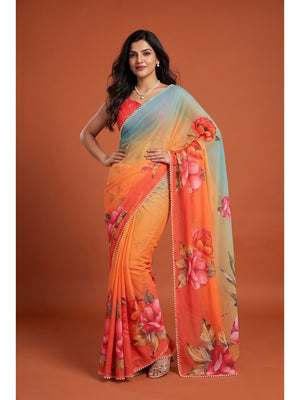 Peachmode Orange Floral Digital Print Georgette Saree - Image 1