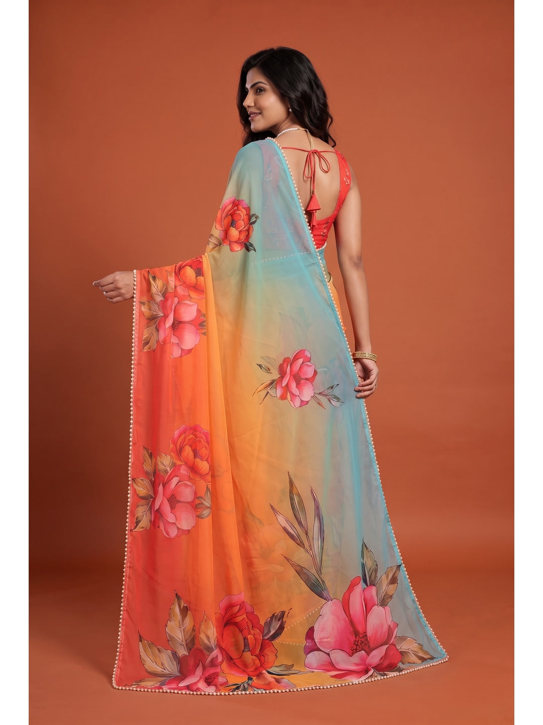 Peachmode Orange Floral Digital Print Georgette Saree - Image 2