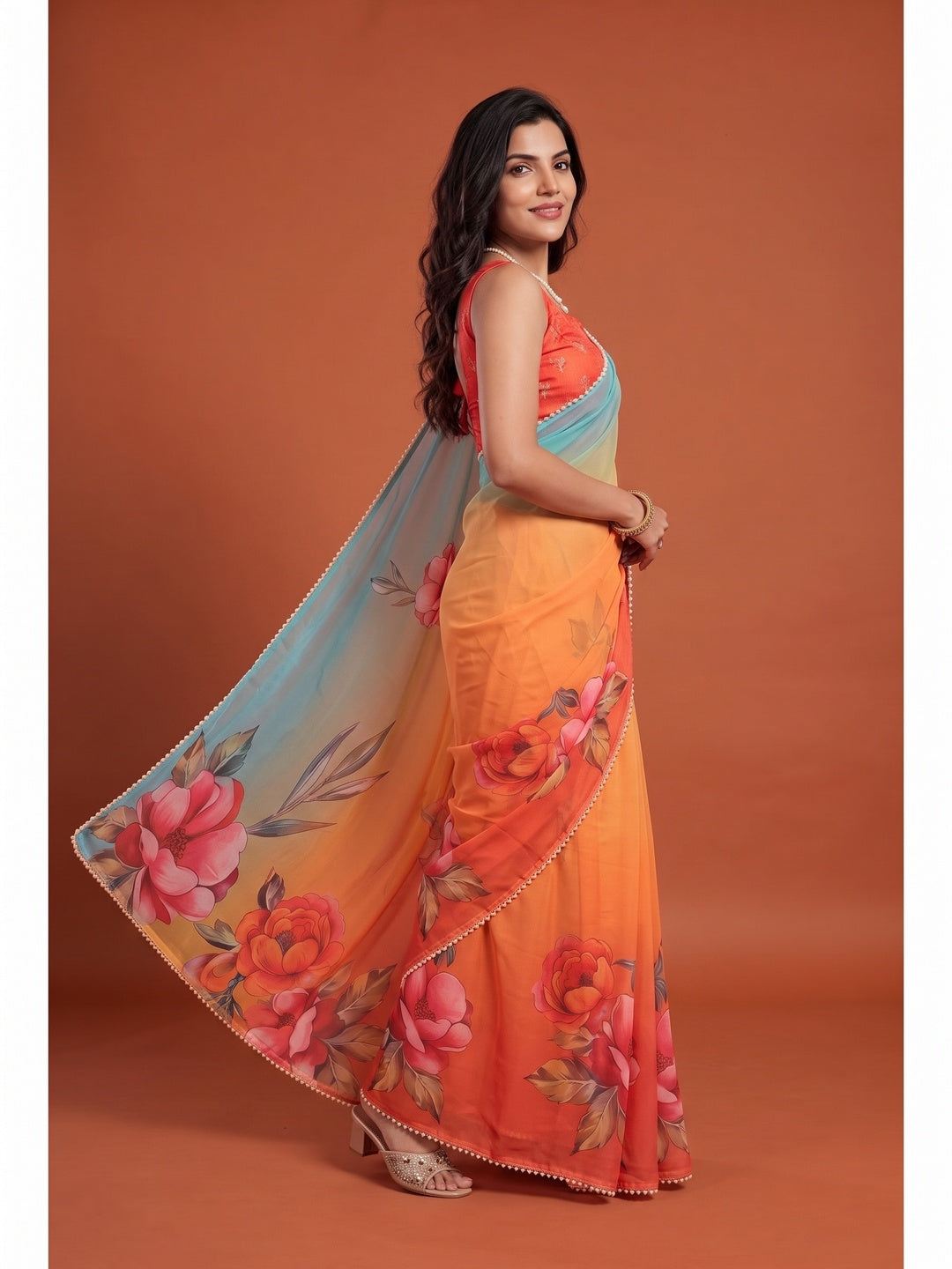 Peachmode Orange Floral Digital Print Georgette Saree - Image 4