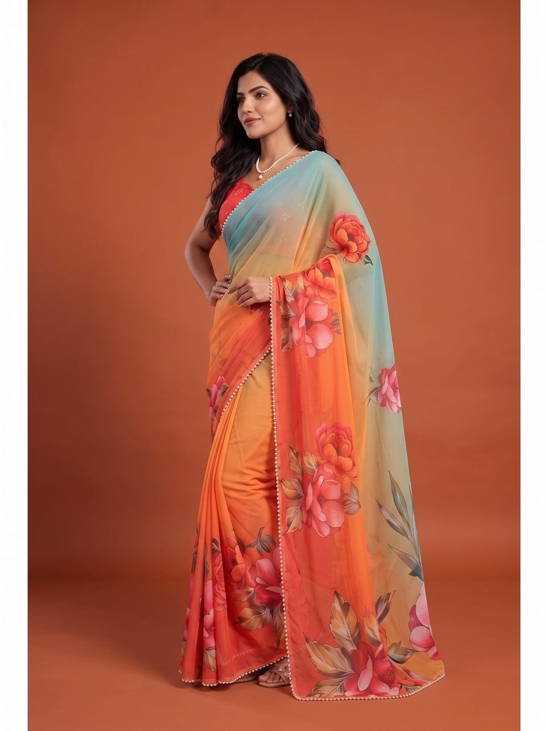 Peachmode Orange Floral Digital Print Georgette Saree - Image 5