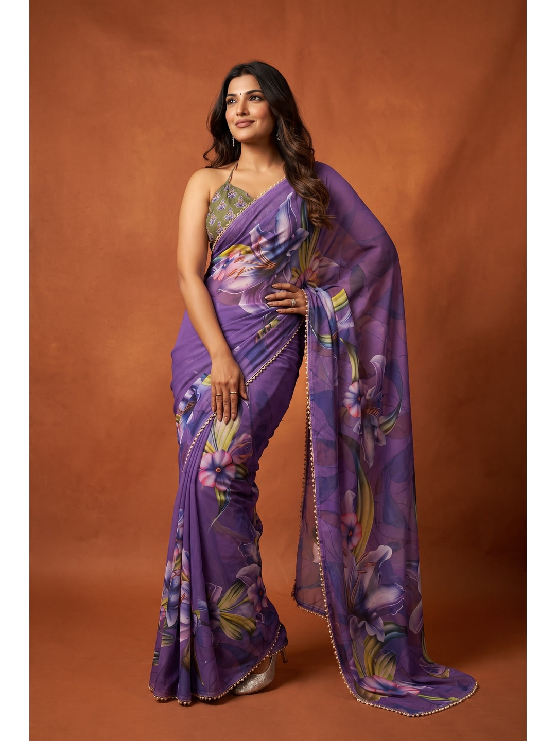 Peachmode Purple Floral Digital Print Georgette Saree - Image 1