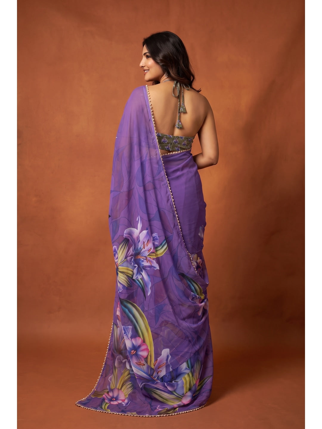 Peachmode Purple Floral Digital Print Georgette Saree - Image 2