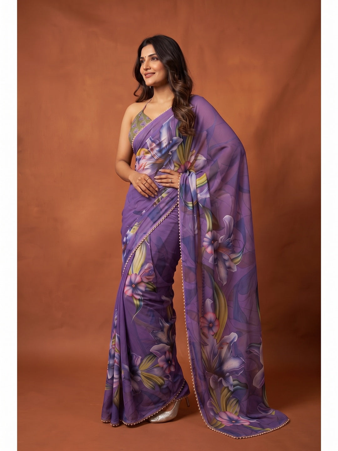 Peachmode Purple Floral Digital Print Georgette Saree - Image 4