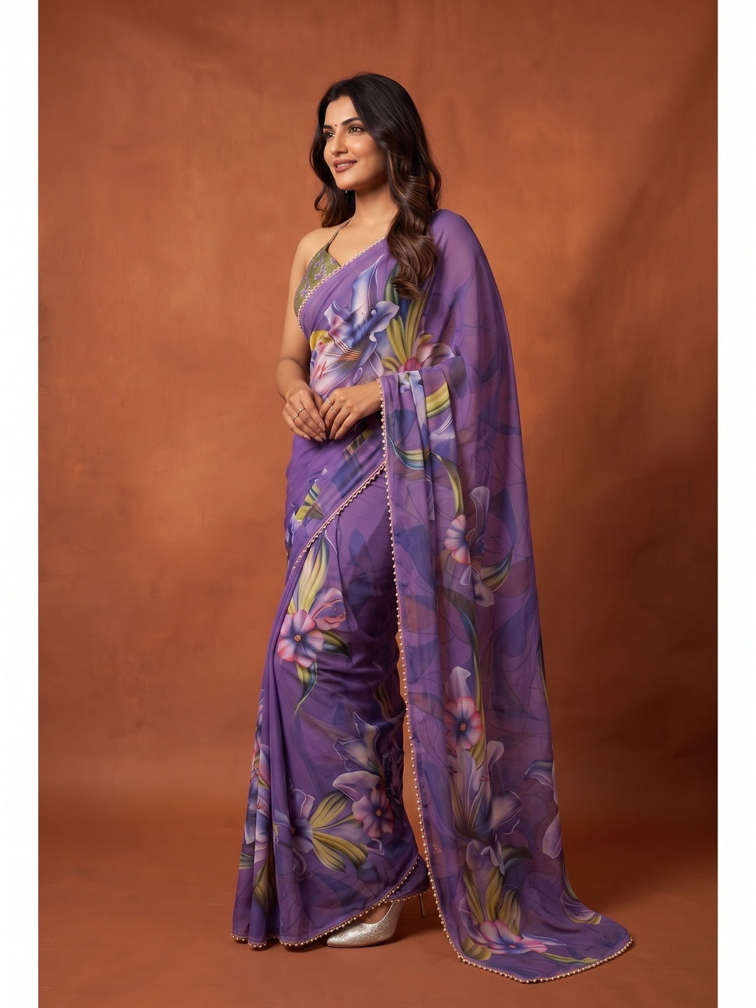Peachmode Purple Floral Digital Print Georgette Saree - Image 5