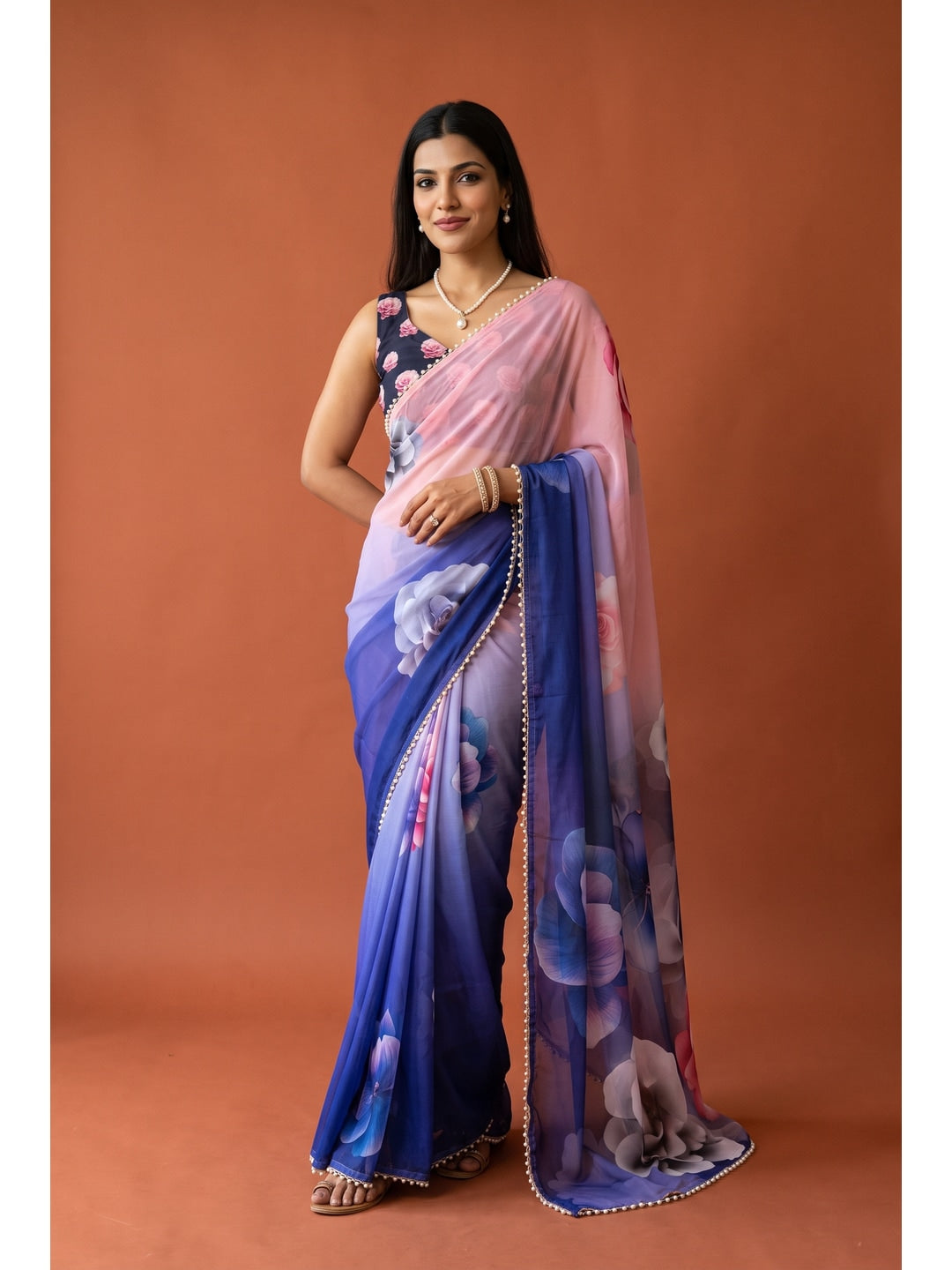 Peachmode Purple Pink Floral Digital Print Georgette Saree - Image 1