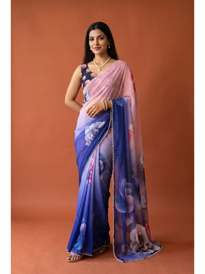 Peachmode Purple Pink Floral Digital Print Georgette Saree - Image 1