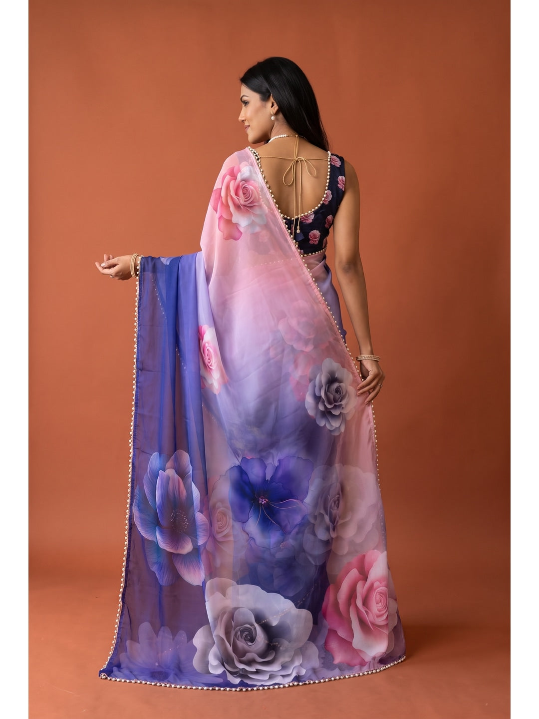 Peachmode Purple Pink Floral Digital Print Georgette Saree - Image 2
