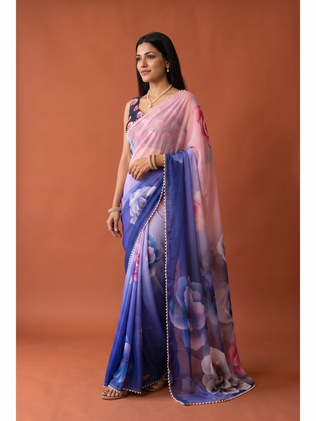 Peachmode Purple Pink Floral Digital Print Georgette Saree - Image 4