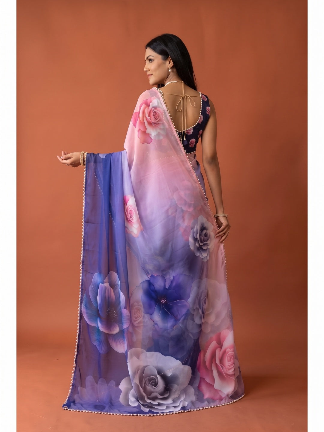 Peachmode Purple Pink Floral Digital Print Georgette Saree - Image 5