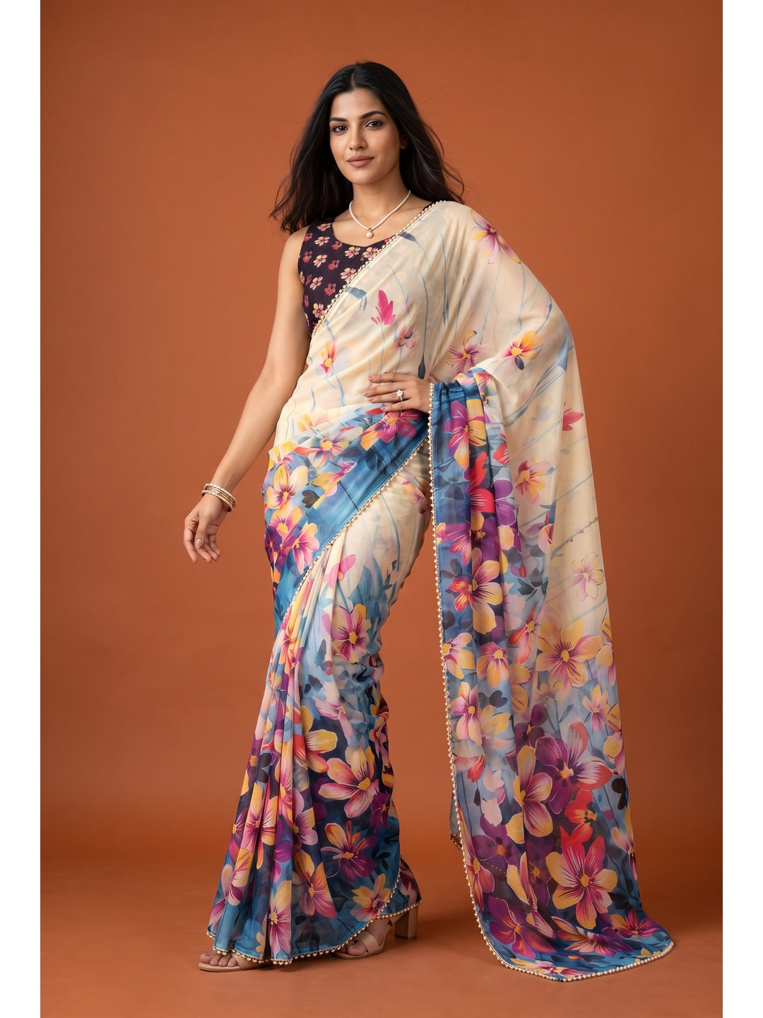Peachmode Ivory Multicolor Floral Digital Print Georgette Saree - Image 1