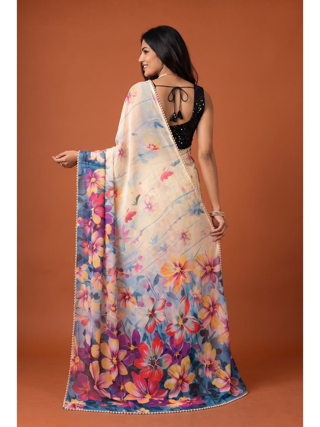 Peachmode Ivory Multicolor Floral Digital Print Georgette Saree - Image 2