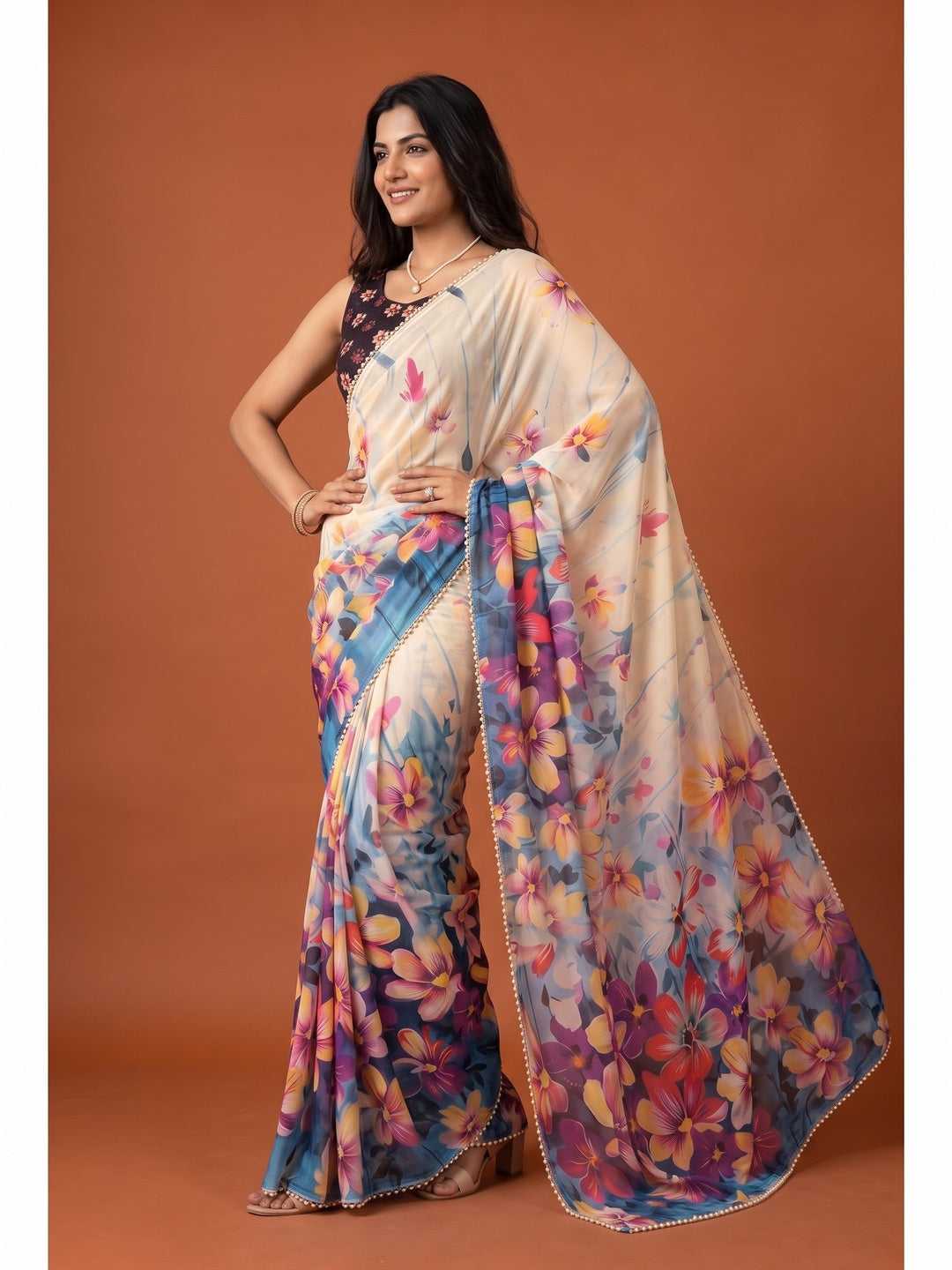 Peachmode Ivory Multicolor Floral Digital Print Georgette Saree - Image 4