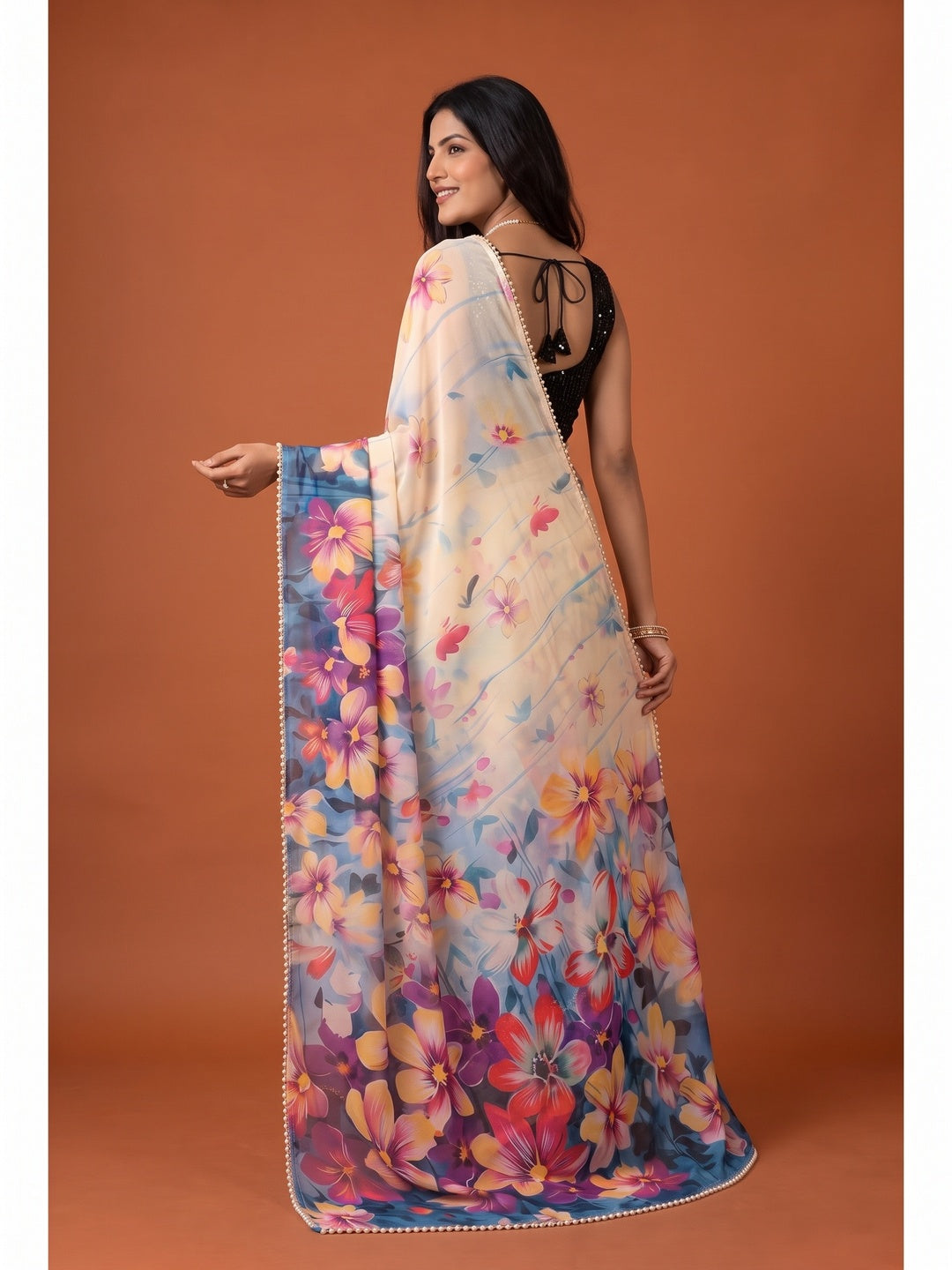 Peachmode Ivory Multicolor Floral Digital Print Georgette Saree - Image 5