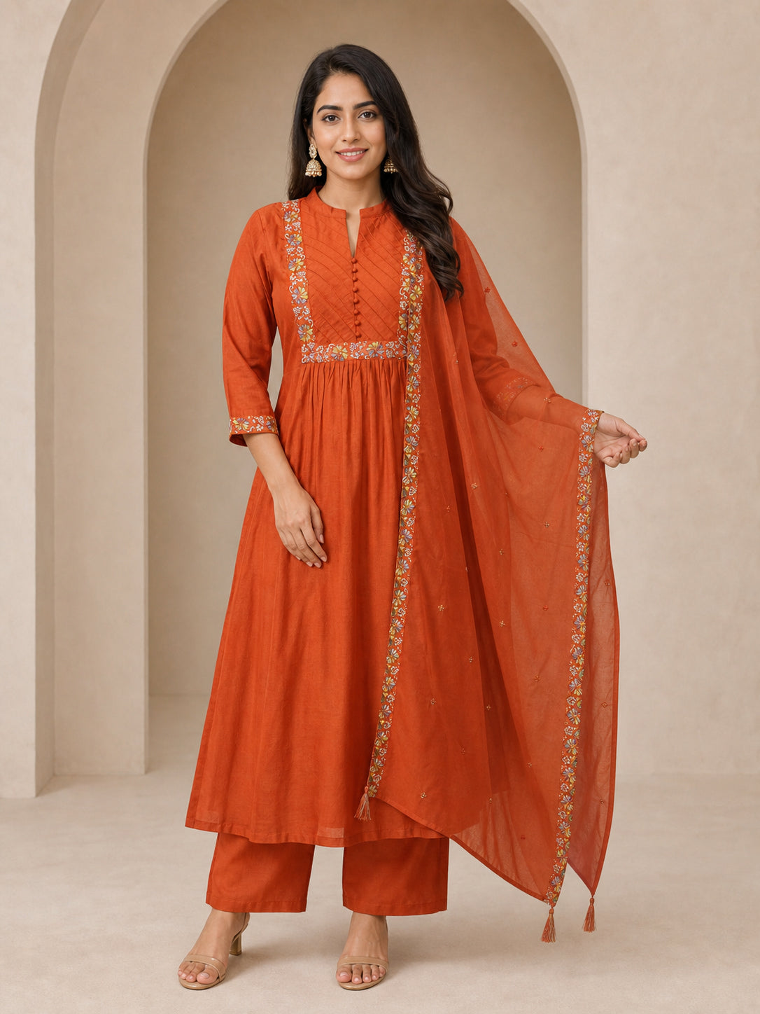 Peachmode Rust Mul Chanderi Embroidered Salwar Suit - Image 6