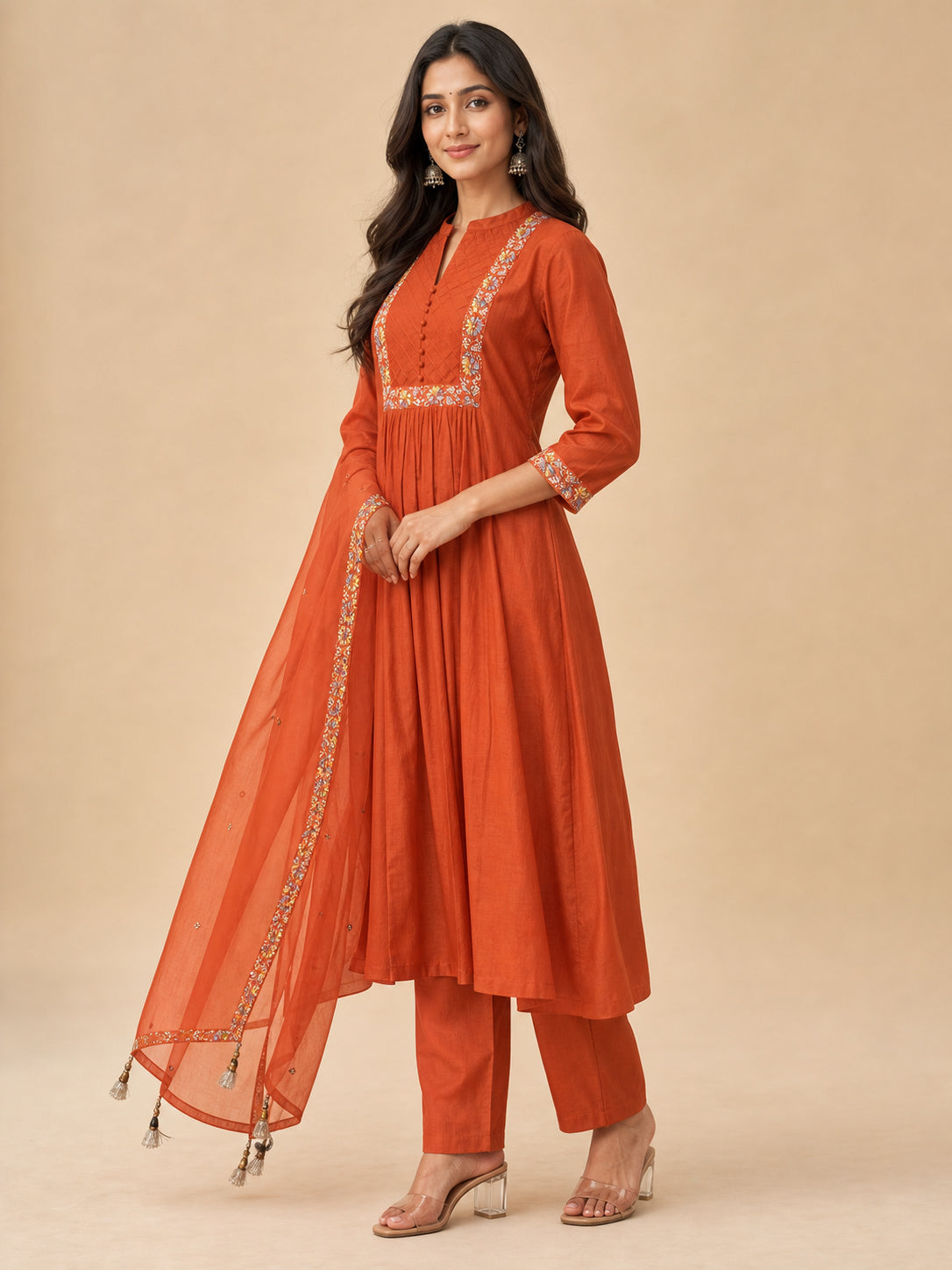 Peachmode Rust Mul Chanderi Embroidered Salwar Suit - Image 7