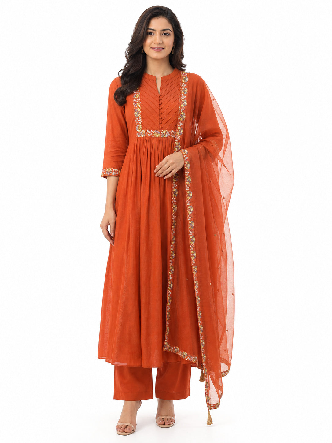 Peachmode Rust Mul Chanderi Embroidered Salwar Suit - Image 9