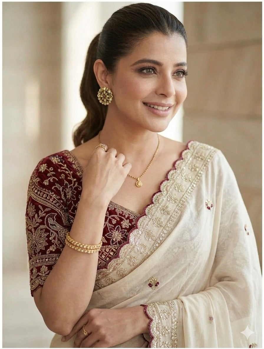 Peachmode Cream Rangoli Silk Saree with Sequins Embroidery - Image 5