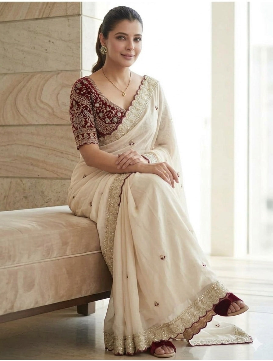 Peachmode Cream Rangoli Silk Saree with Sequins Embroidery - Image 6