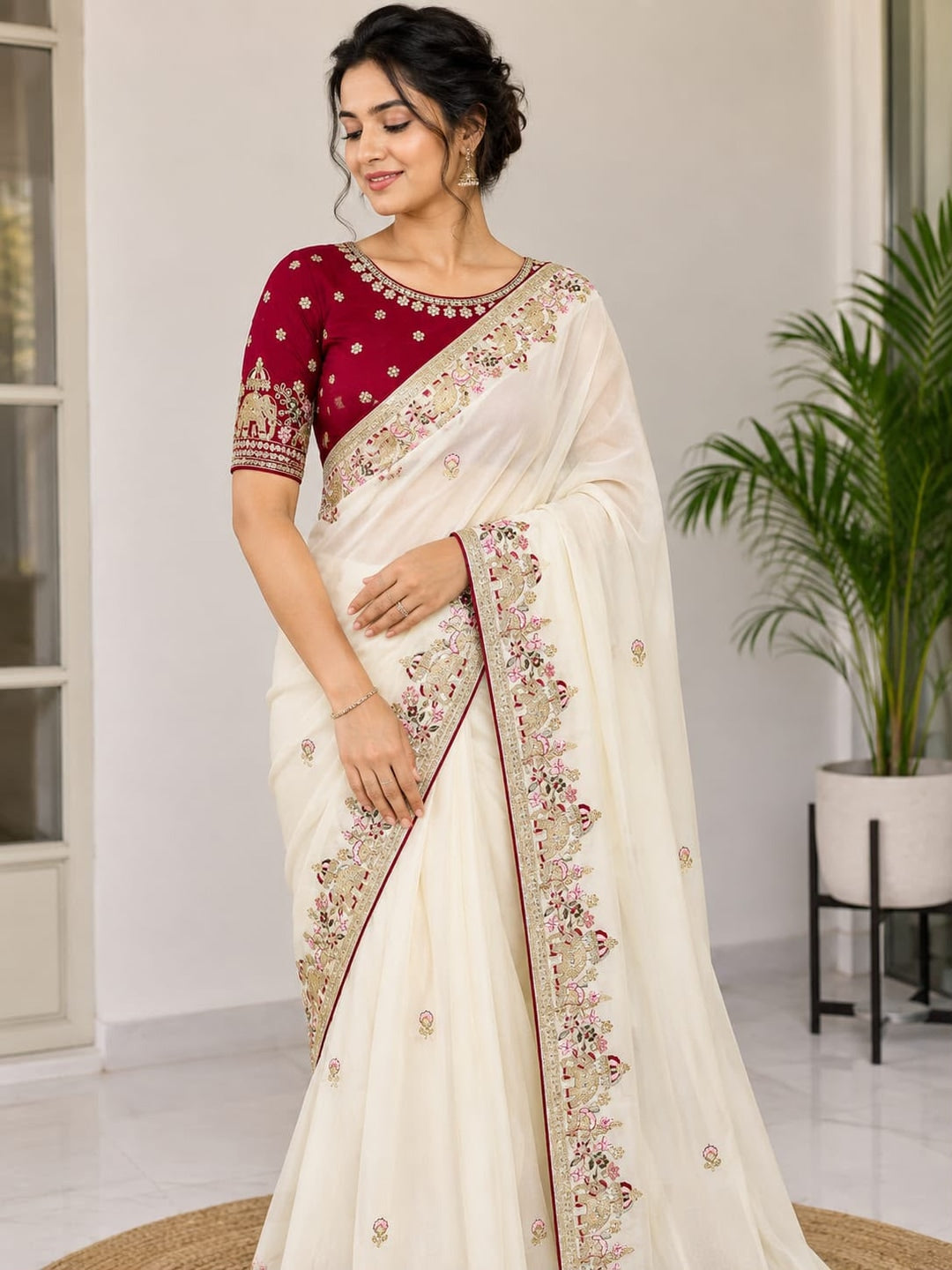 Peachmode Off White Sequin Embroidered Star Georgette Saree - Image 1