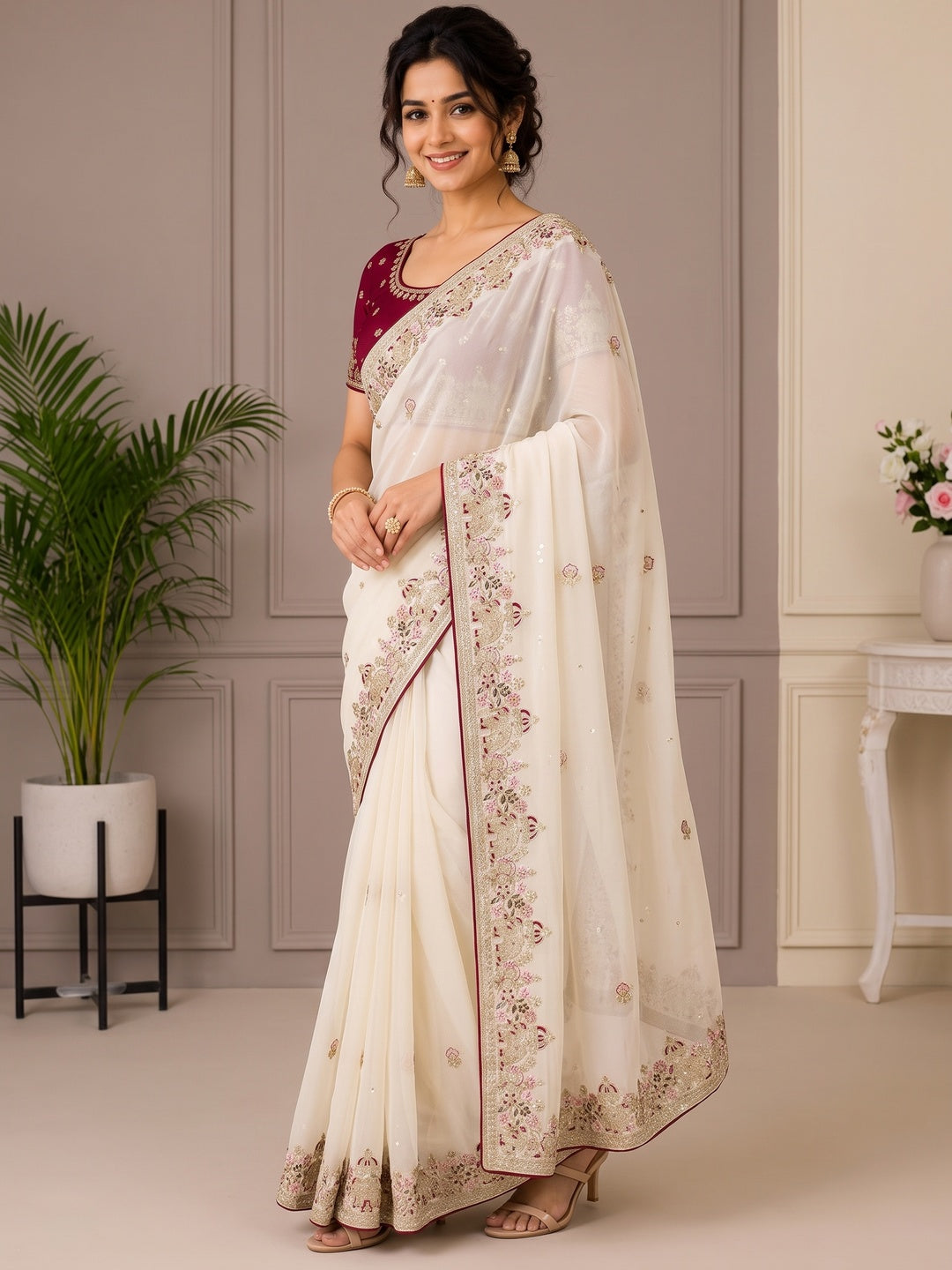 Peachmode Off White Sequin Embroidered Star Georgette Saree - Image 5