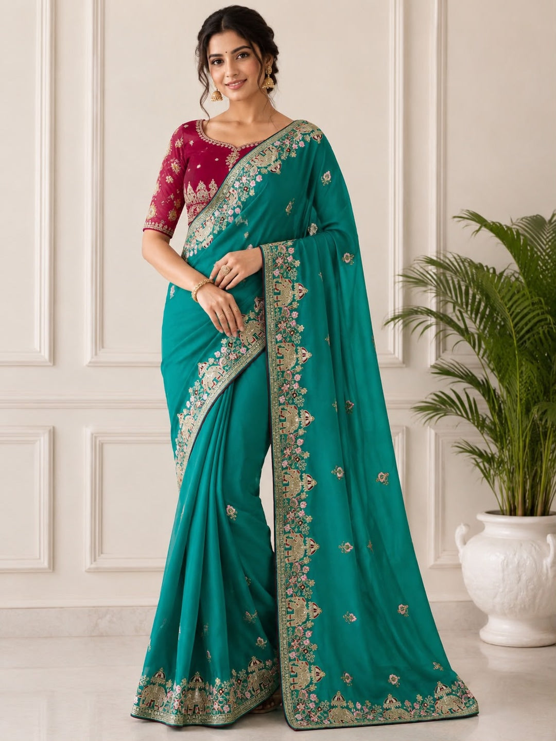 Peachmode Teal Sequin Embroidered Star Georgette Saree - Image 1