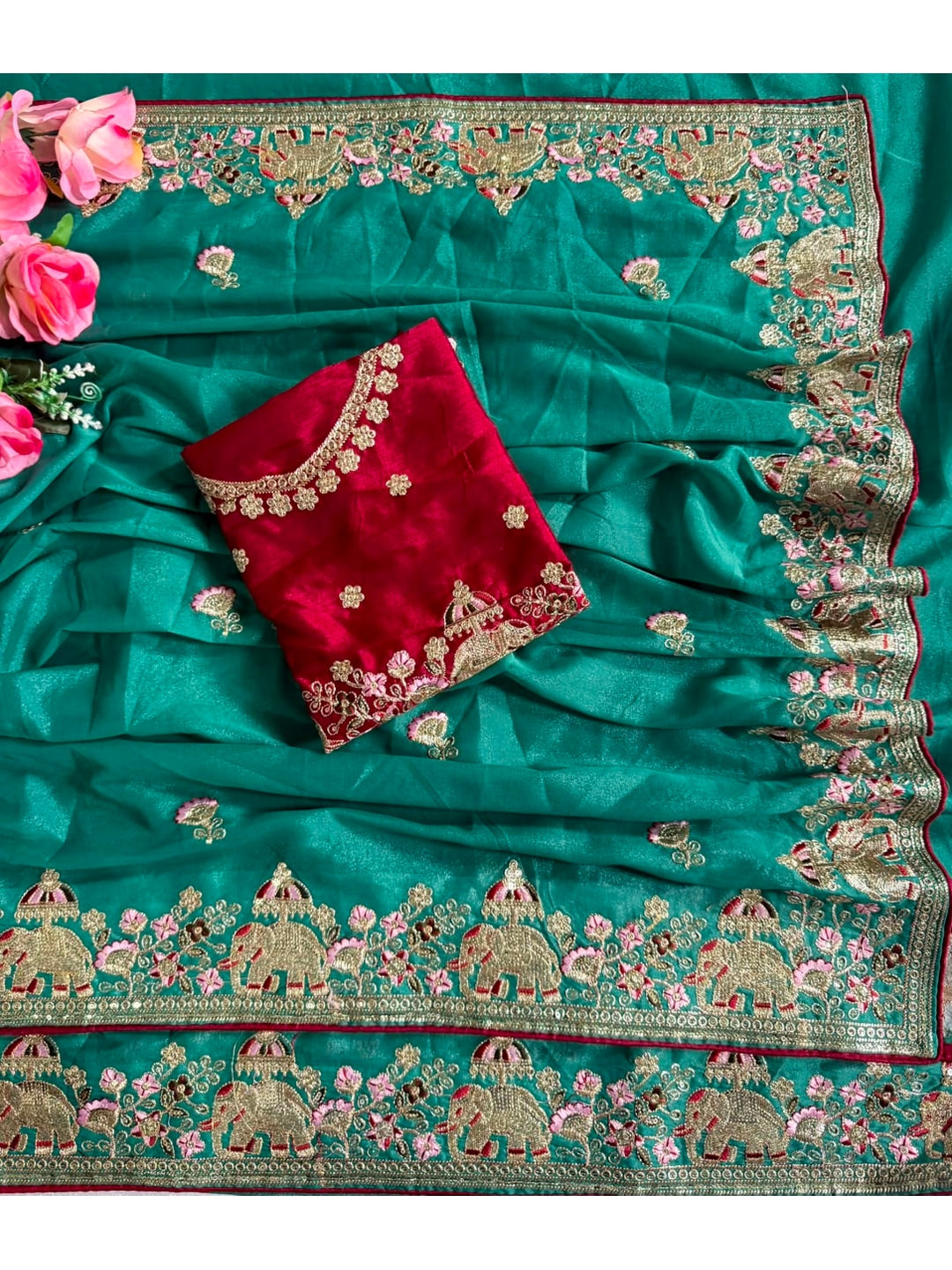 Peachmode Teal Sequin Embroidered Star Georgette Saree - Image 3