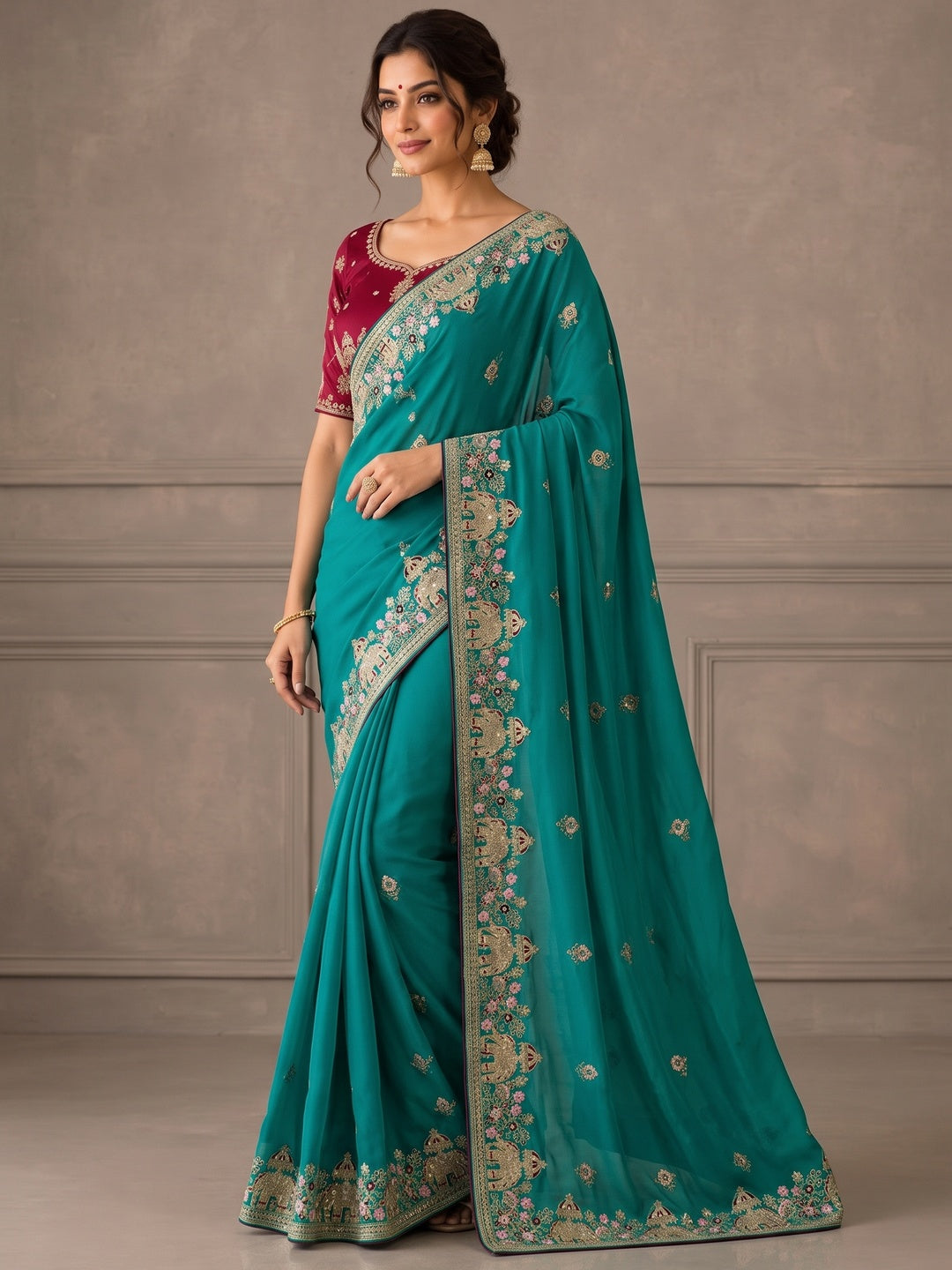 Peachmode Teal Sequin Embroidered Star Georgette Saree - Image 5