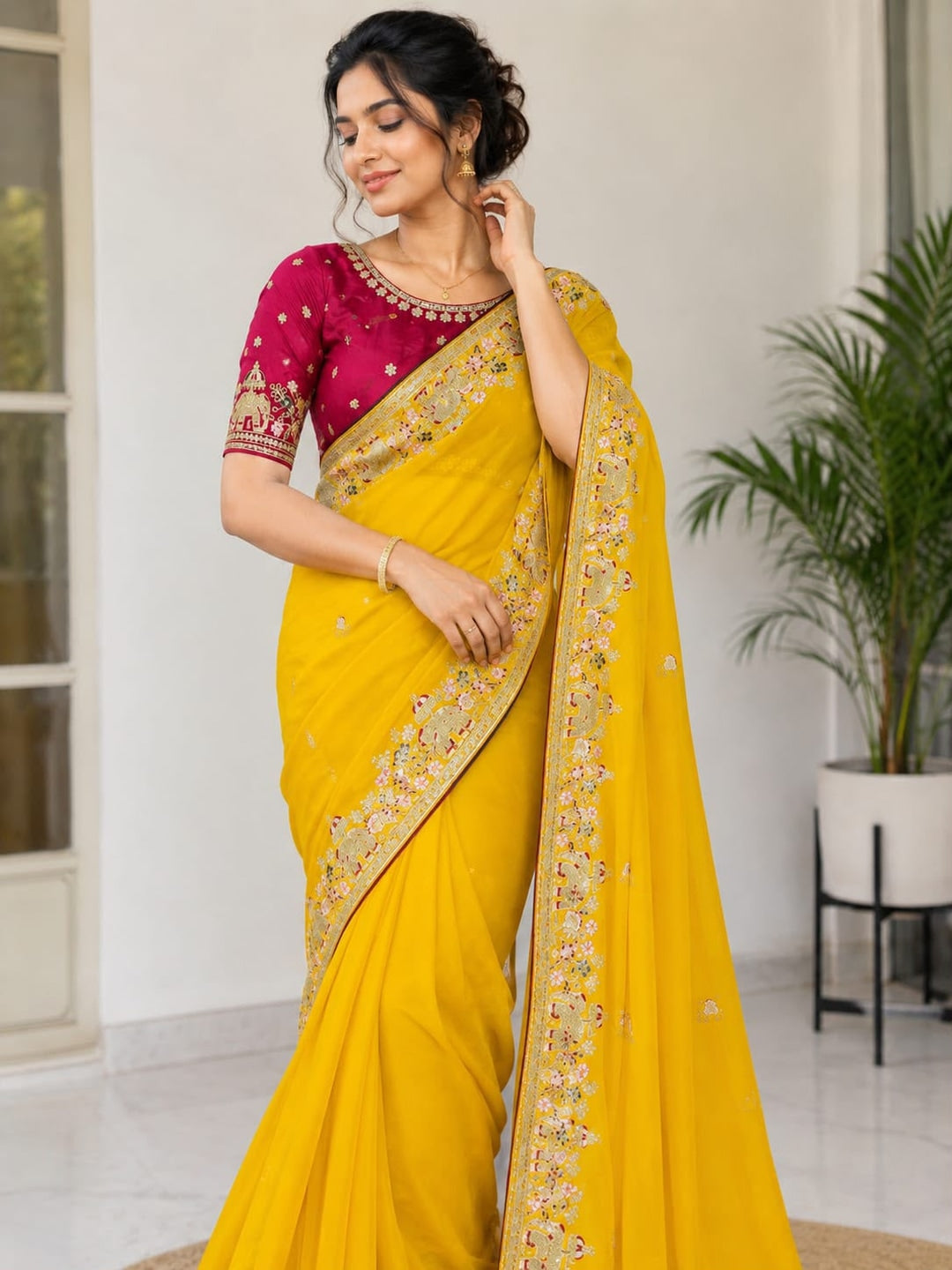 Peachmode Mustard Sequin Embroidered Star Georgette Saree - Image 1