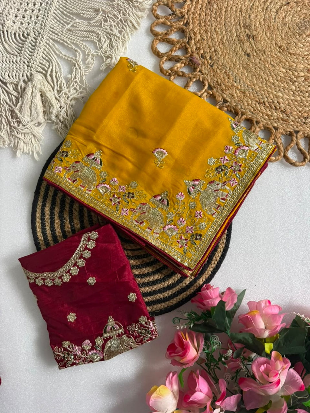 Peachmode Mustard Sequin Embroidered Star Georgette Saree - Image 3
