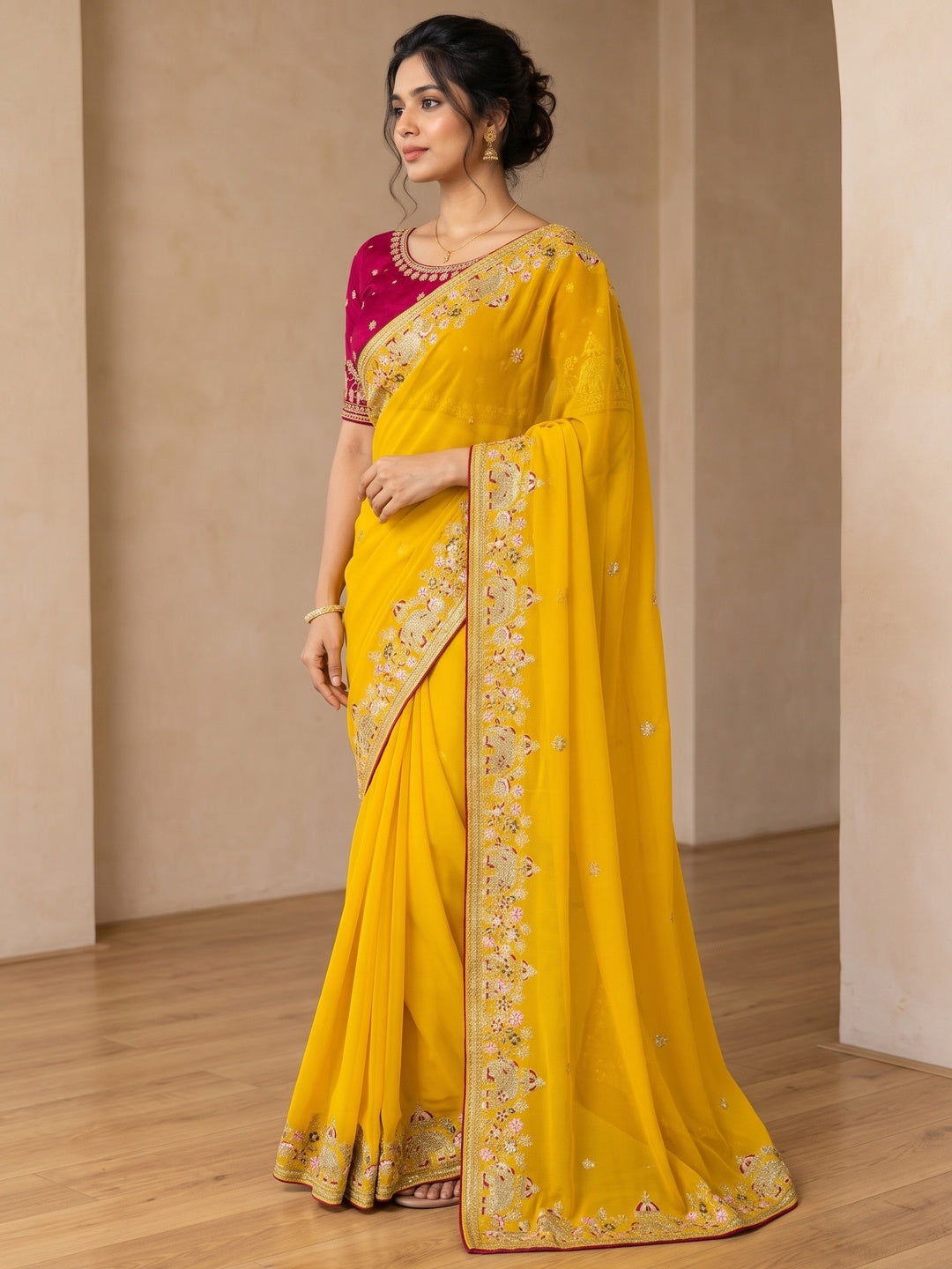 Peachmode Mustard Sequin Embroidered Star Georgette Saree - Image 4