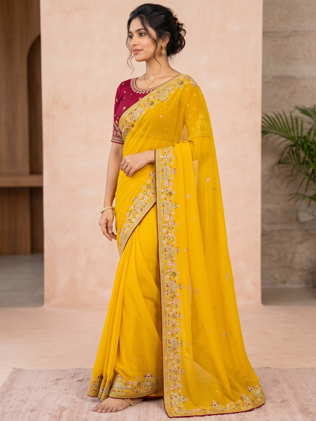 Peachmode Mustard Sequin Embroidered Star Georgette Saree - Image 5
