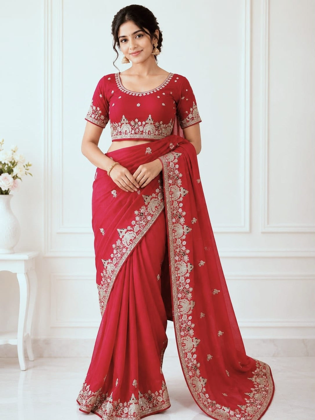 Peachmode Red Sequin Embroidered Star Georgette Saree - Image 1