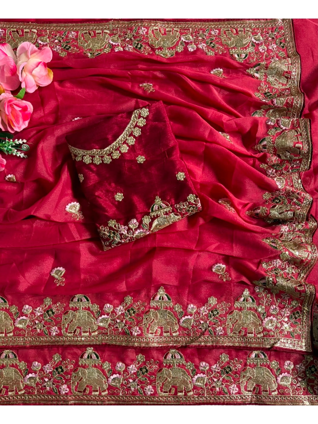 Peachmode Red Sequin Embroidered Star Georgette Saree - Image 3
