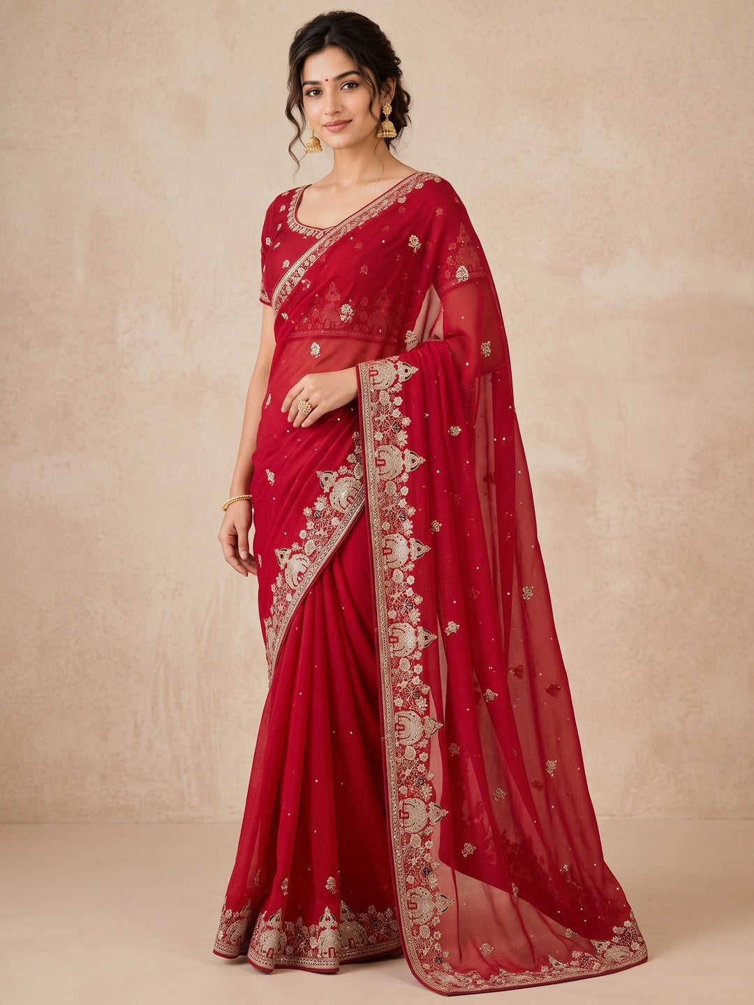 Peachmode Red Sequin Embroidered Star Georgette Saree - Image 5
