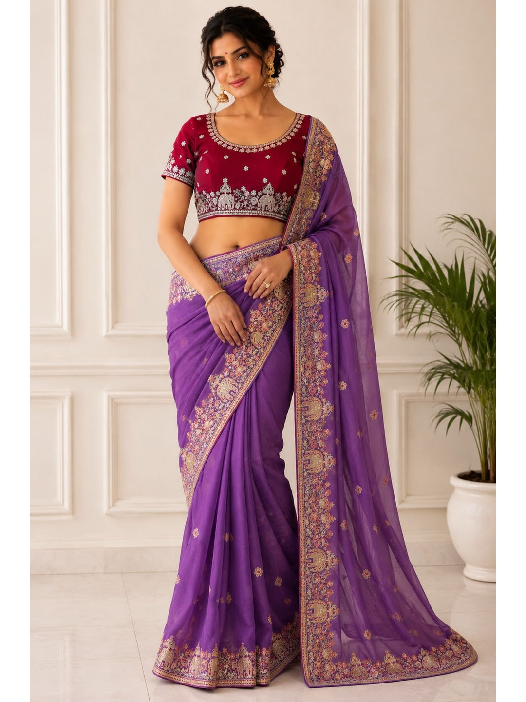 Peachmode Purple Sequin Embroidered Star Georgette Saree - Image 1
