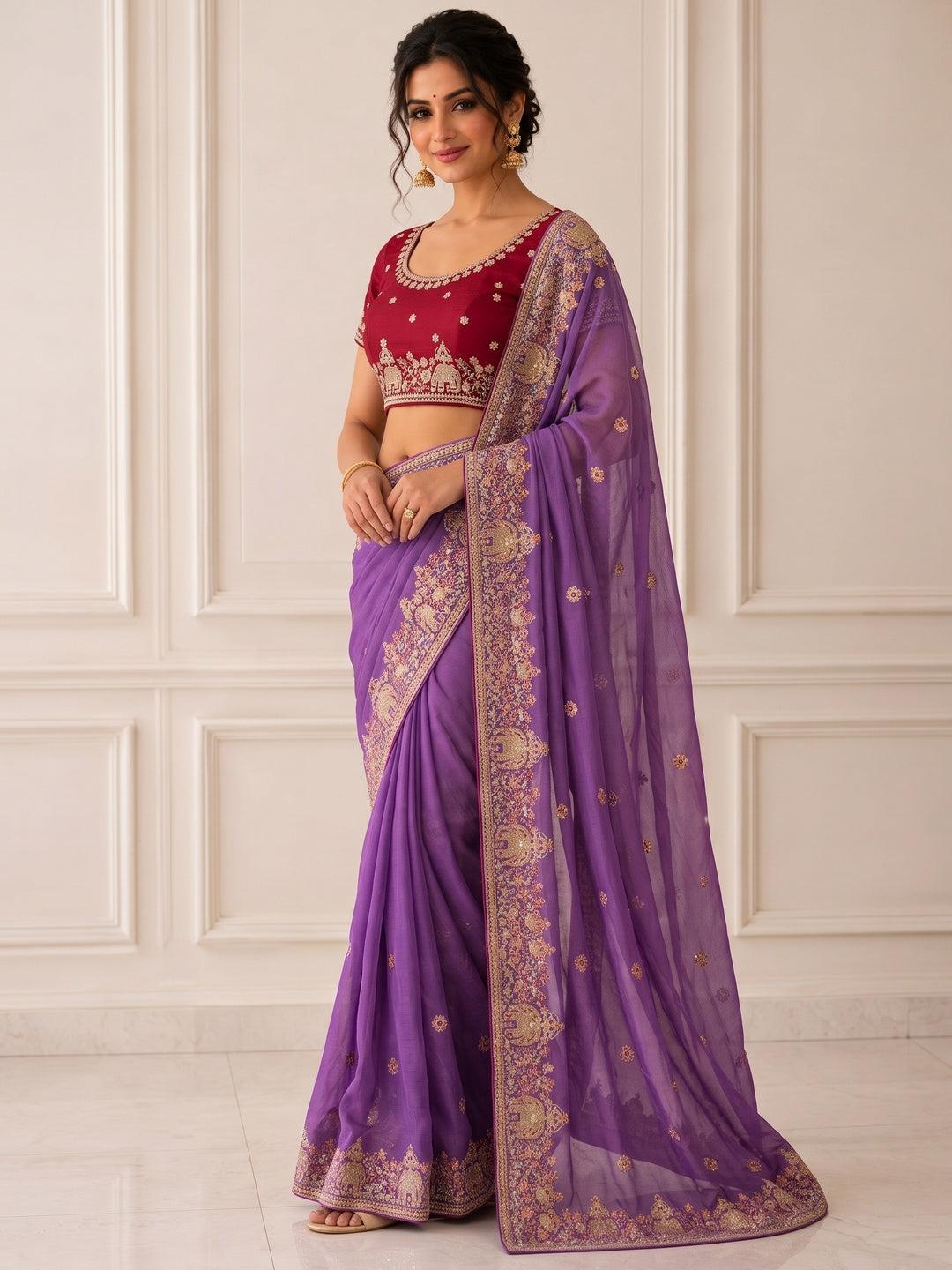 Peachmode Purple Sequin Embroidered Star Georgette Saree - Image 5