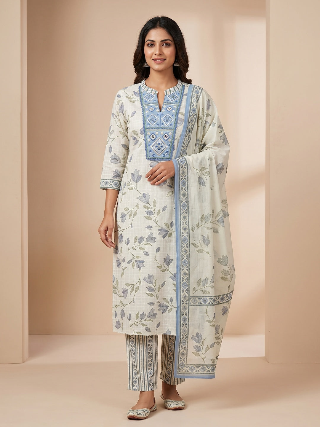 Peachmode Cream Pure Cotton Floral Printed Embroidered Salwar Suit - Image 1