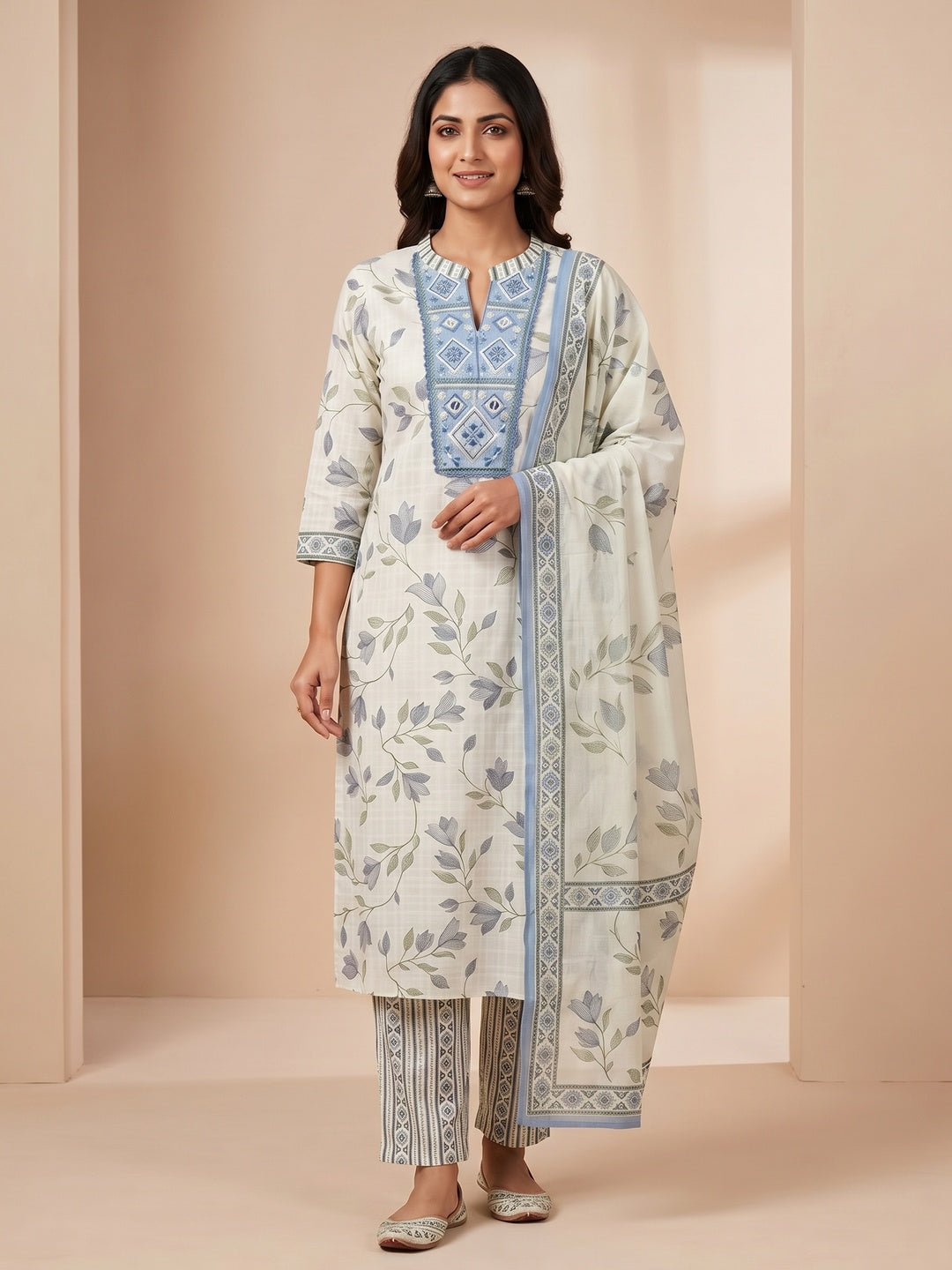 Peachmode Cream Pure Cotton Floral Printed Embroidered Salwar Suit - Image 2
