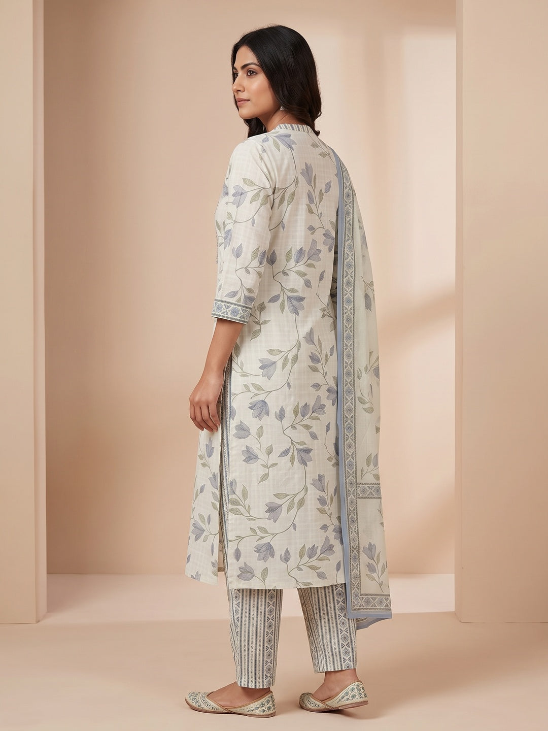 Peachmode Cream Pure Cotton Floral Printed Embroidered Salwar Suit - Image 3